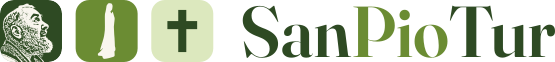 Logo da SanPioTur: tríptico de Padre Pio, Nossa Senhora e a cruz, e o nome